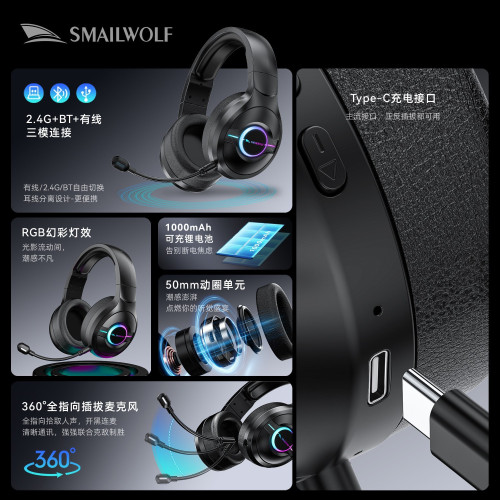 斯邁狼L50藍牙無線三模耳機電競遊戯發光舒適頭戴式耳機麥克風RGB 斯邁狼L50藍牙無線三模耳機電競遊戯發光舒適頭戴式耳機麥克風RGB