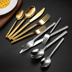 304不鏽鋼刀叉勺 創意圓棒實心鎚紋餐具酒店西餐加厚牛排刀甜品勺