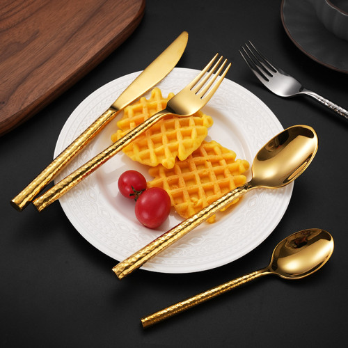 304不鏽鋼刀叉勺 創意圓棒實心鎚紋餐具酒店西餐加厚牛排刀甜品勺