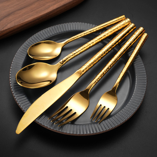 304不鏽鋼刀叉勺 創意圓棒實心鎚紋餐具酒店西餐加厚牛排刀甜品勺