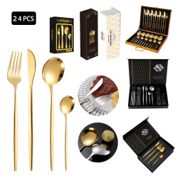 不鏽鋼餐具套裝24件套扁柄葡萄牙創意西餐牛排刀叉勺禮盒