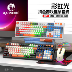 RAIKUI雷魁T18有線鍵盤滑鼠套裝發光電競遊戯辦公三合一拼色鍵鼠