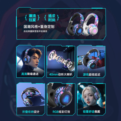 2025新款炫酷賽博龐克風頭戴式藍牙耳機電競遊戯男女主播通用國潮