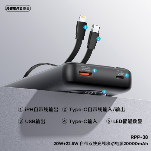 remax 自帶雙線20000安培快充充電寶 手機快充自帶線行動電源3C remax 自帶雙線20000安培快充充電寶 手機快充自帶線行動電源3C