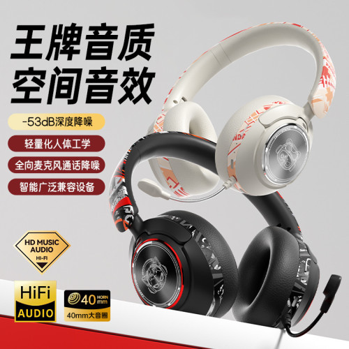 新款國潮頭戴式藍牙耳機無線帶麥主動降噪長續航塗鴉圖案