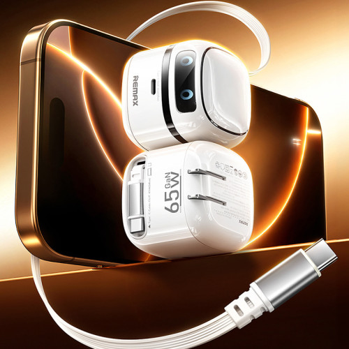 Remax氮化鎵65W快充自帶線手機充電器Type-C伸縮線充電頭折曡插頭 Remax氮化鎵65W快充自帶線手機充電器Type-C伸縮線充電頭折曡插頭