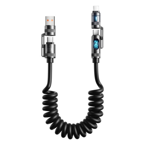 【實時數顯】240W數顯快充四合一彈簧充電線適用蘋果華爲車用快充