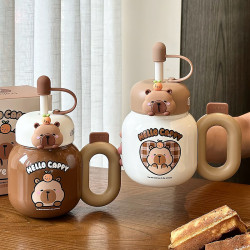 卡皮巴拉保溫杯女生高顔值2025新款兒童吸管水壺可愛網紅大肚杯子