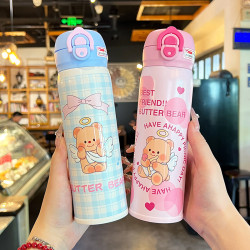 學生小熊保溫杯高顔值女生316L不鏽鋼吸管杯大容量可愛直身保溫杯