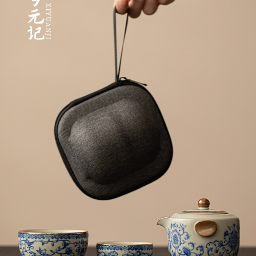 青花汝窰一壺兩杯戶外旅行茶具套裝可攜式包茶壺茶杯一人飲快客杯 青花汝窰一壺兩杯戶外旅行茶具套裝可攜式包茶壺茶杯一人飲快客杯