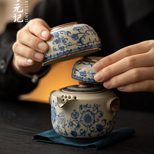 青花汝窰一壺兩杯戶外旅行茶具套裝可攜式包茶壺茶杯一人飲快客杯 青花汝窰一壺兩杯戶外旅行茶具套裝可攜式包茶壺茶杯一人飲快客杯