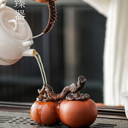 紫砂柿子茶寵擺件可養小茶玩好事成雙工藝品水果茶道配件