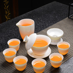 懸停羊脂玉茶具陶瓷過濾蓋碗茶杯茶壺禮盒白瓷家用金邊德化瓷