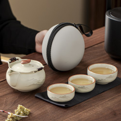 汝窰旅行茶具套裝一壺三杯手抓壺蓋碗戶外可攜式泡茶快客杯