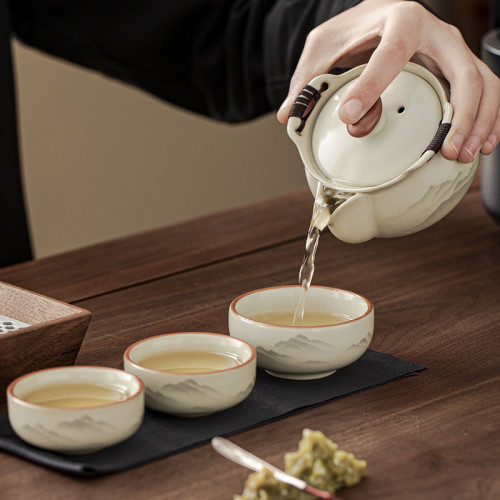 汝窰旅行茶具套裝一壺三杯手抓壺蓋碗戶外可攜式泡茶快客杯 汝窰旅行茶具套裝一壺三杯手抓壺蓋碗戶外可攜式泡茶快客杯