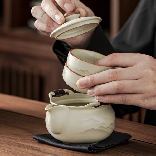 汝窰旅行茶具套裝一壺三杯手抓壺蓋碗戶外可攜式泡茶快客杯 汝窰旅行茶具套裝一壺三杯手抓壺蓋碗戶外可攜式泡茶快客杯