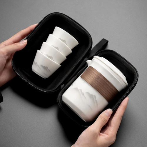 可攜式旅行茶具套裝羊脂玉白瓷快客杯戶外陶瓷功夫泡茶壺茶杯 可攜式旅行茶具套裝羊脂玉白瓷快客杯戶外陶瓷功夫泡茶壺茶杯