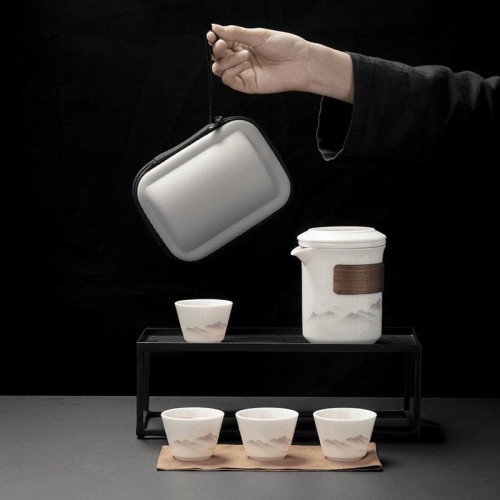 可攜式旅行茶具套裝羊脂玉白瓷快客杯戶外陶瓷功夫泡茶壺茶杯 可攜式旅行茶具套裝羊脂玉白瓷快客杯戶外陶瓷功夫泡茶壺茶杯
