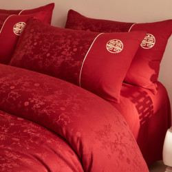 中式提花結婚四件套大紅色床單被套新婚喜被婚房婚慶床上用品