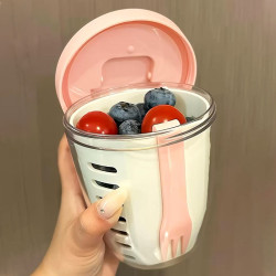 高顔值可瀝水果杯可攜式帶叉子外帶早餐碗沙拉燕麥酸牛奶杯便當盒