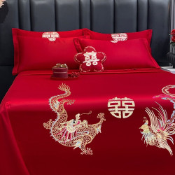 大紅色婚慶床單單件結婚用喜慶龍鳳枕套三件套喜字刺綉酒店新婚嫁