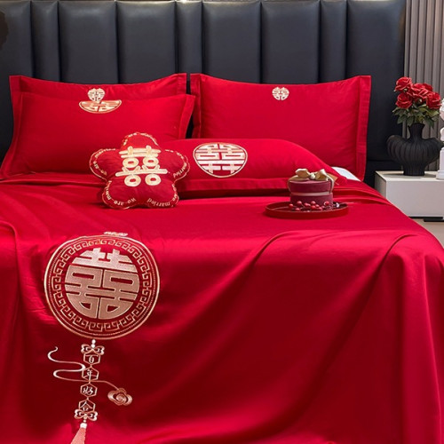 大紅色婚慶床單單件結婚用喜慶龍鳳枕套三件套喜字刺綉酒店新婚嫁 大紅色婚慶床單單件結婚用喜慶龍鳳枕套三件套喜字刺綉酒店新婚嫁
