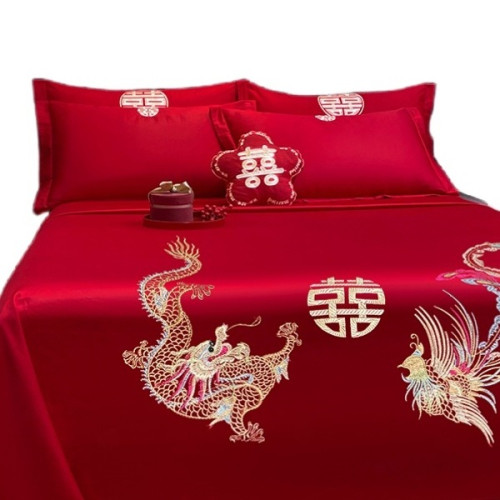大紅色婚慶床單單件結婚用喜慶龍鳳枕套三件套喜字刺綉酒店新婚嫁 大紅色婚慶床單單件結婚用喜慶龍鳳枕套三件套喜字刺綉酒店新婚嫁