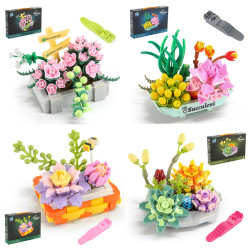    兒童積木玩具插花積木盆栽diy拼裝小顆粒積木花卉套裝