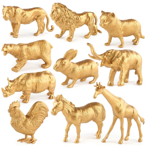 黃金動物系列擺件玩具仿真老虎獅子大象犀牛靜態模型