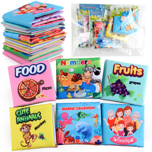 家 6PC嬰幼兒早教認知撕不爛英文布書 帶響紙寶寶布書套裝