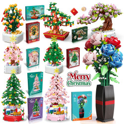 家兒童益智拼裝小顆粒積木花仿真聖誕樹桔子樹盆栽積木玩具