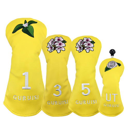 高爾夫球桿套保護套花朵刺綉木桿套桿頭套皮革球桿帽套出口