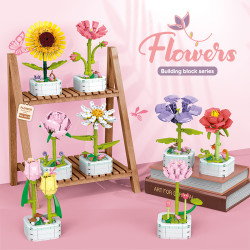 兒童拼裝小顆粒盆栽花系列 仿真粉玫瑰牡丹植物盆景花玩具積木