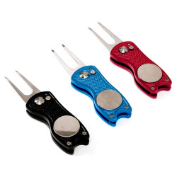 新款高爾夫果嶺叉 一鍵折曡鋅合金草皮修理工具 金屬彈簧鋼球叉