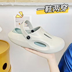 新款ins沙灘洞洞鞋男厚底外穿踩屎感eva雙色套輕便包頭鞋
