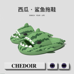 西瓜鯊魚拖鞋情侶夏季厚底踩屎感卡通批法家居休閒涼拖鞋