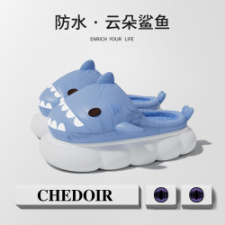 CHEDOIR防水鯊魚棉拖鞋男秋冬毛絨保暖防滑家居耐髒黑色男士拖鞋