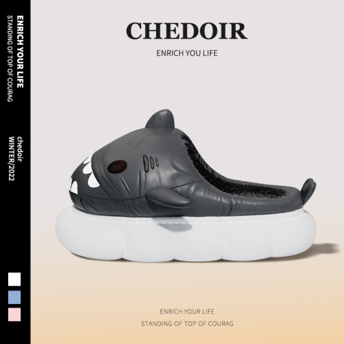 CHEDOIR防水鯊魚棉拖鞋男秋冬毛絨保暖防滑家居耐髒黑色男士拖鞋