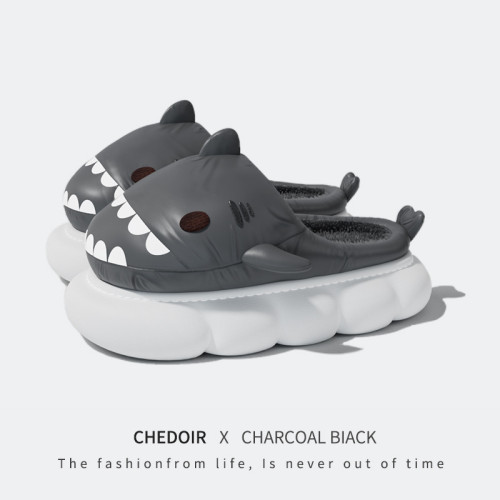 CHEDOIR防水鯊魚棉拖鞋男秋冬毛絨保暖防滑家居耐髒黑色男士拖鞋