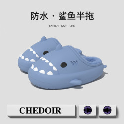 爆款防水鯊魚棉拖鞋男秋冬居家室內保暖防滑情侶毛毛拖鞋