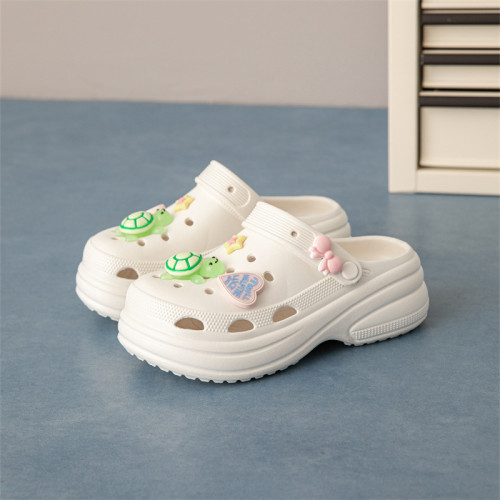 卡通可愛網紅烏龜洞洞鞋女士拖鞋夏季包頭鞋帶跟外穿女生沙灘鞋