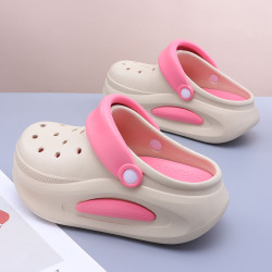 夏季厚底增高洞洞鞋踩屎感女款外穿運動防滑涼鞋海邊沙灘包頭拖鞋