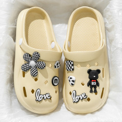 大花熊洞洞鞋女款夏季2024新款卡通外穿厚底踩屎感防滑包頭半拖鞋