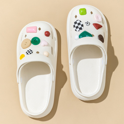 紐釦洞洞鞋女款夏季2024新款卡通外穿厚底踩屎感防滑包頭半拖鞋