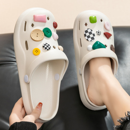 紐釦洞洞鞋女款夏季2024新款卡通外穿厚底踩屎感防滑包頭半拖鞋