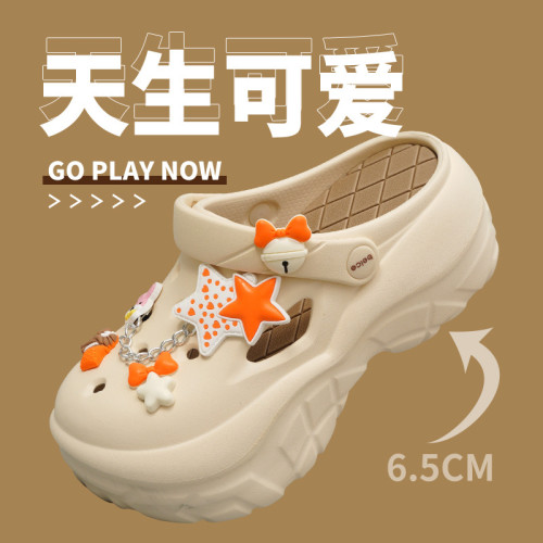 網紅時尚松糕底洞洞鞋女厚底增高防滑可愛卡通沙灘涼拖外穿秋夏季