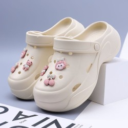 春夏新品時尚簡約女款洞洞鞋+可DIY鞋花配件厚底兩穿包頭雲朵鞋