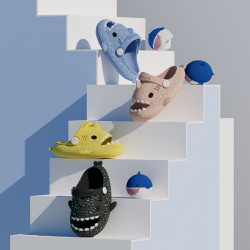 兒童鯊魚夜光拖鞋夏男女童防滑軟底卡通可愛小孩沙灘鞋寶寶洞洞鞋