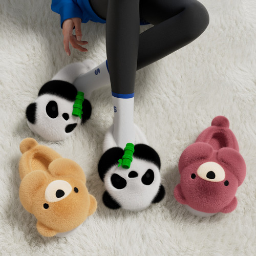 小熊貓暖絨親子棉拖鞋女包跟冬季一家三口小孩男女童寶寶毛絨拖鞋