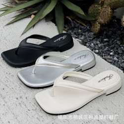 銀色女款拖鞋人字拖女松糕坡跟潮時尚復古夏季仙女風氣質涼拖鞋女